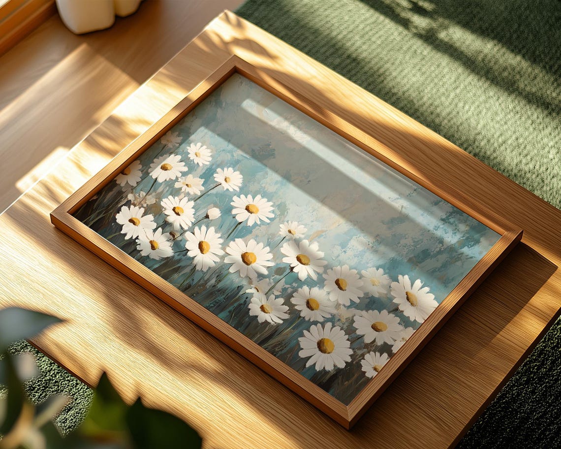 White Daisies Teal Textured Background Floral Oil Painting Poster - Image 2