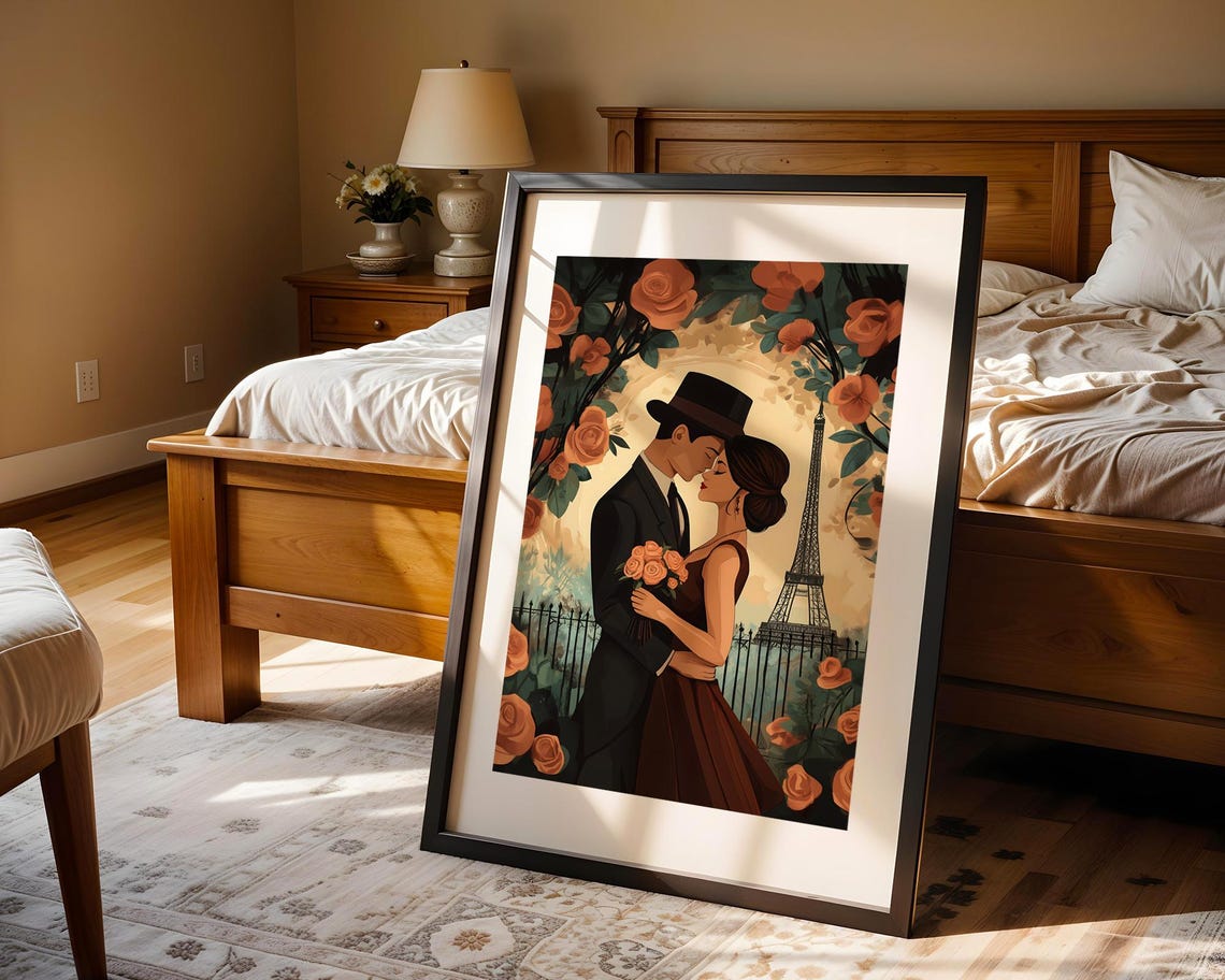 Parisian Eiffel Tower Romantic Couple Roses Vintage Art Print - Image 4