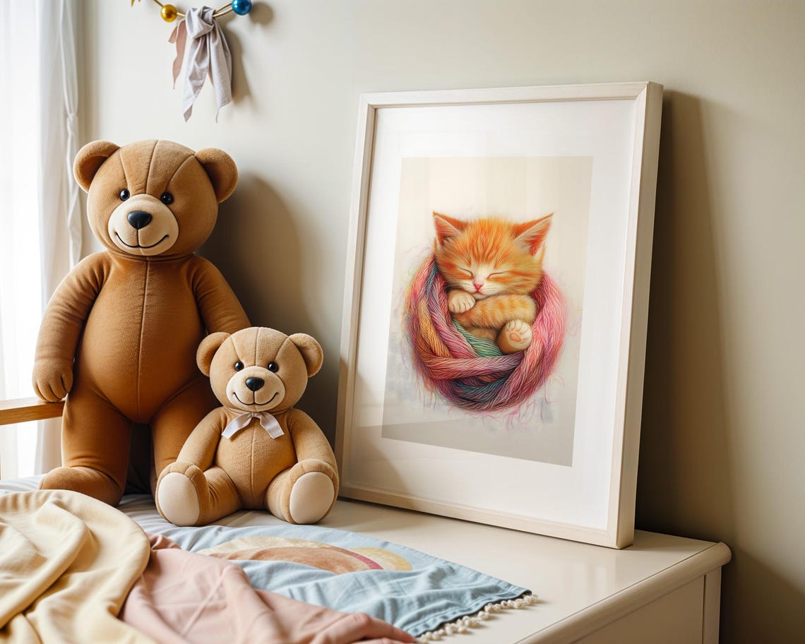 Cute Sleeping Orange Kitten Curled in Rainbow Yarn Ball Poster - Image 4