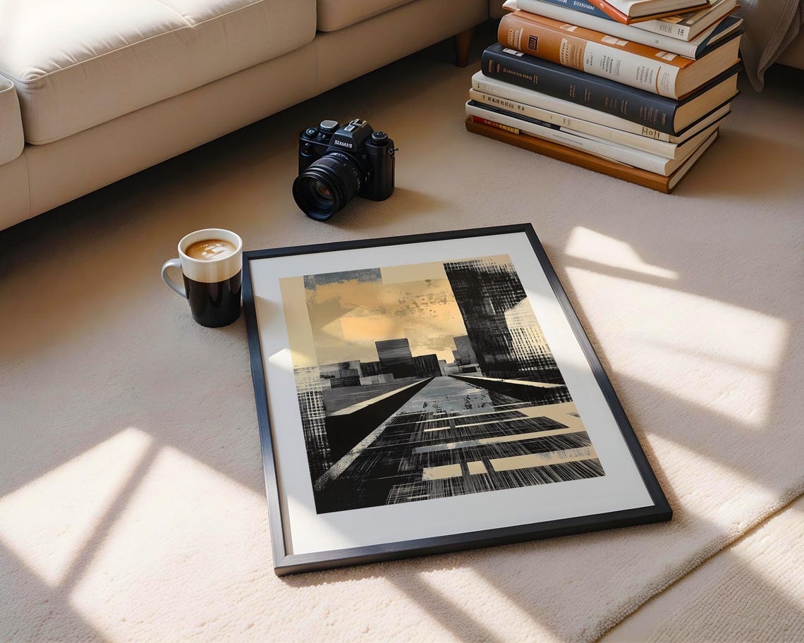 Abstract Brutalist City Skyline Ink Drawing Gold Background Poster - Image 5