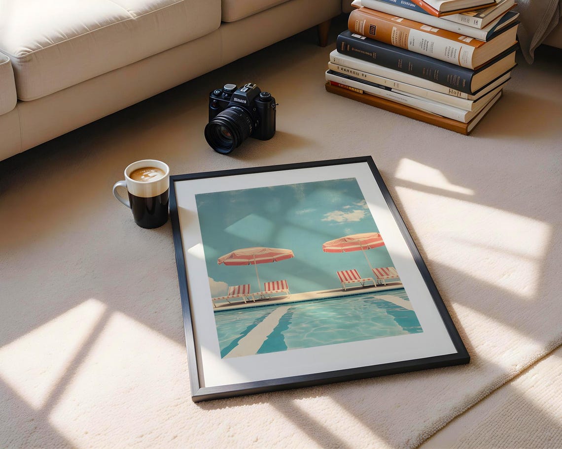 Retro Poolside Scene Striped Umbrellas Turquoise Summer Poster - Image 5