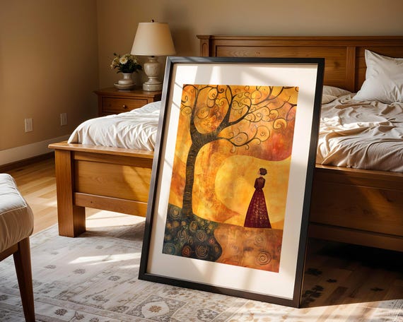 Woman Standing Beneath Swirling Tree Abstract Illustration Trendy Wall Art Modern Prints Room Decor Print