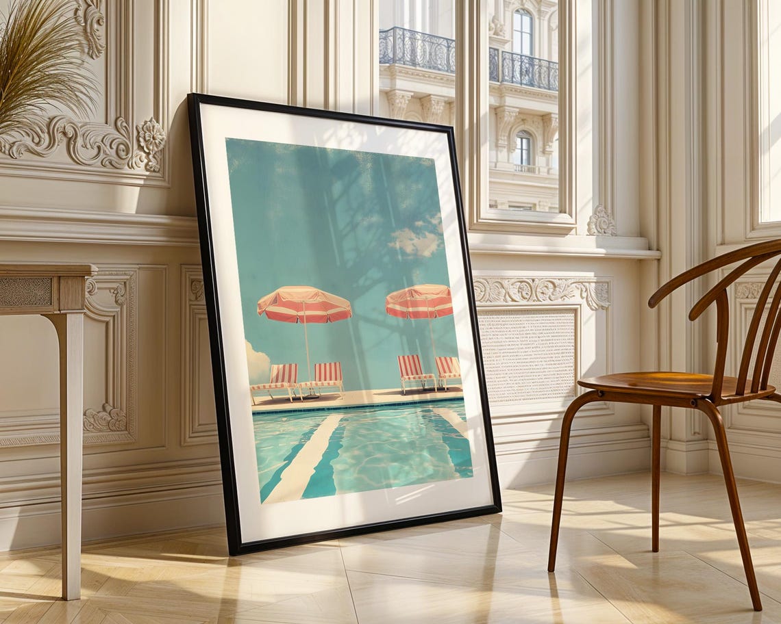Retro Poolside Scene Striped Umbrellas Turquoise Summer Poster - Image 3