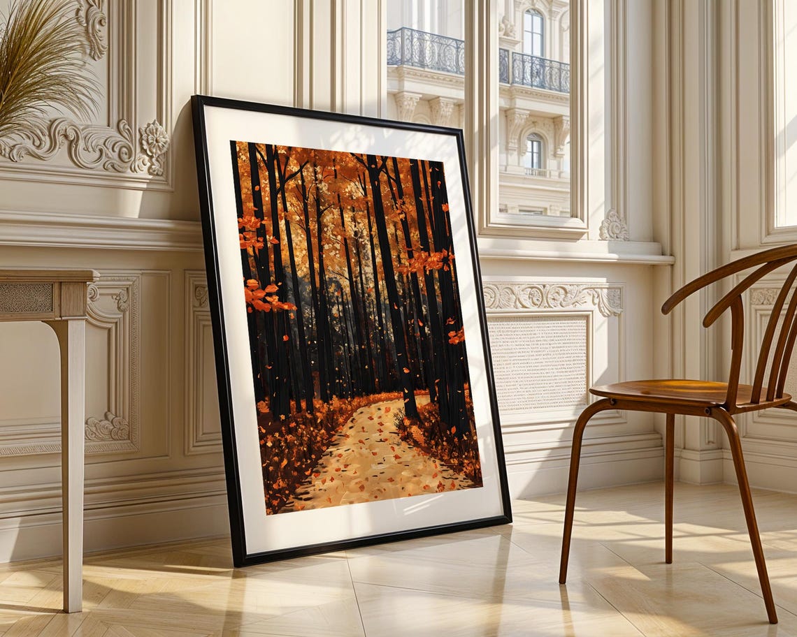 Autumn Forest Path Orange Leaves Fall Woodland Trail Art Poster