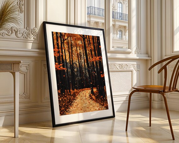 Autumn Forest Path Orange Leaves Fall Woodland Trail Art Poster