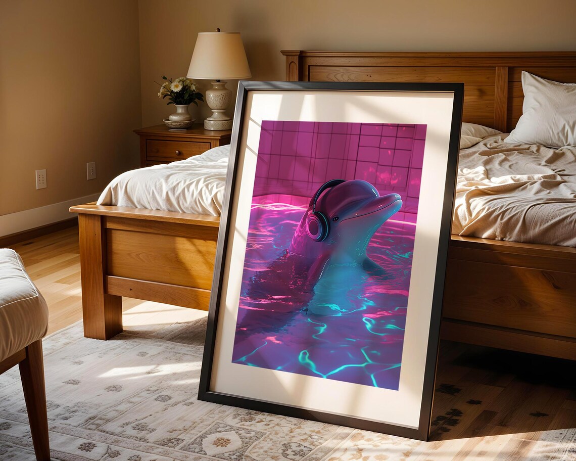 Dolphin Wearing Headphones Neon Pink Pool Futuristic Fun Animal Poster - Image 4