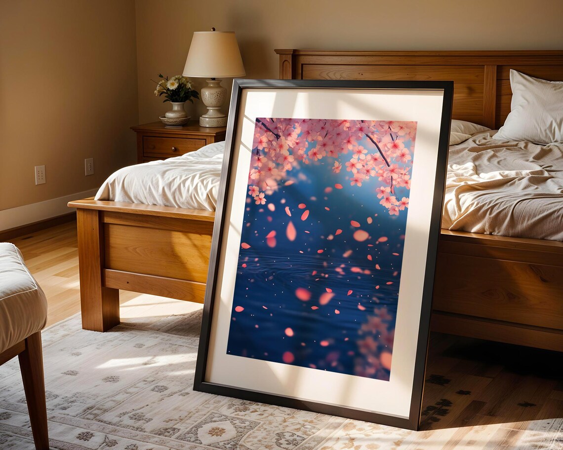 Japanese Cherry Blossom Petals Falling Over Deep Blue Water Poster - Image 4