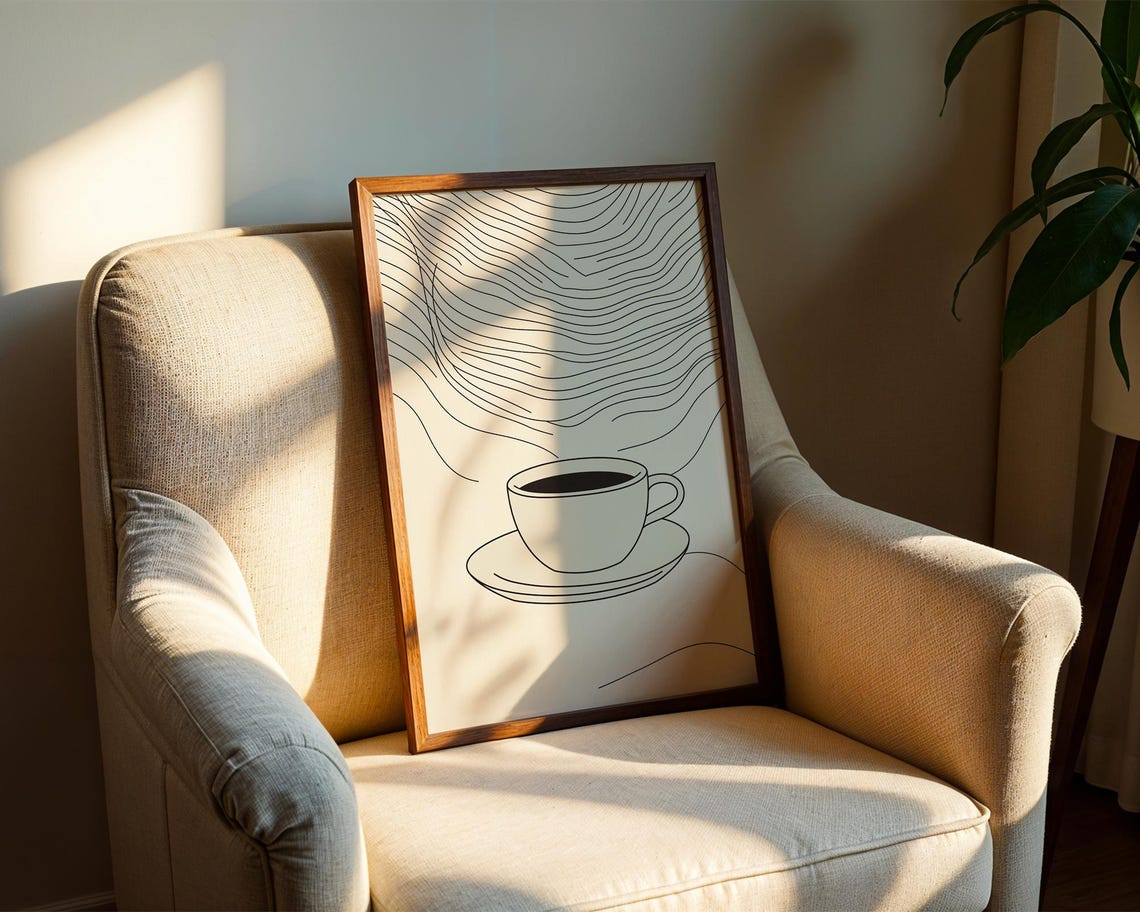 Hot Coffee Cup Saucer Steam Line Art Kitchen Minimalist Poster - Image 2