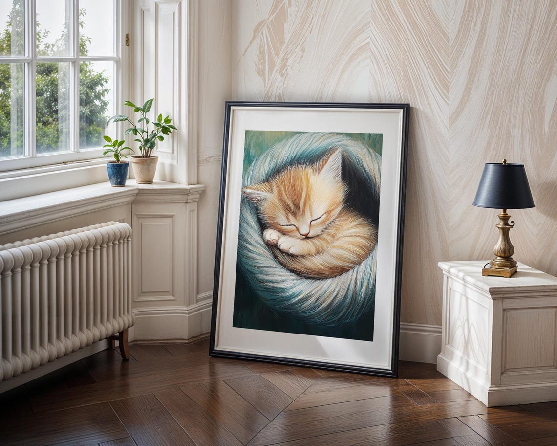 Sweet Sleeping Ginger Kitten Curled in Teal Swirl Art Poster - Image 5