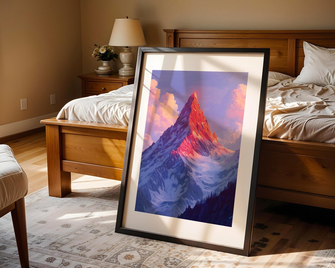 Snowy Mountain Peak at Sunrise Art Poster with Pink Alpenglow - Image 4