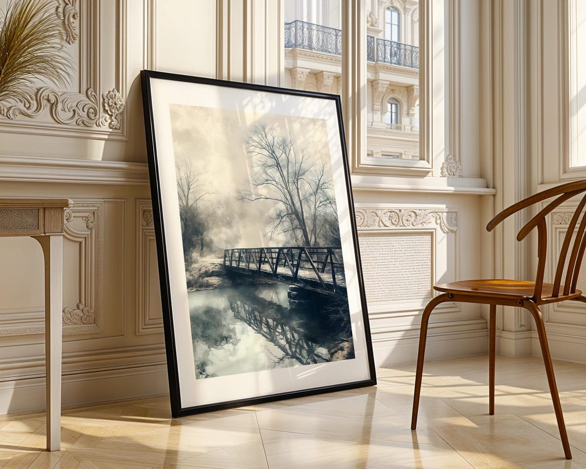 Misty Winter Bridge Black and White Forest Path Reflection Poster - Image 3