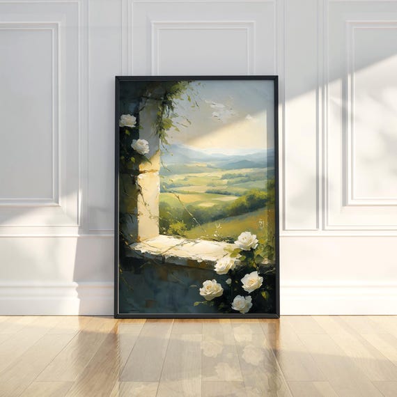 Abstract White Rose Flower Castle Window Oil Painting Poster Wall Art Print Modern Home Room Decor Floral Artwork