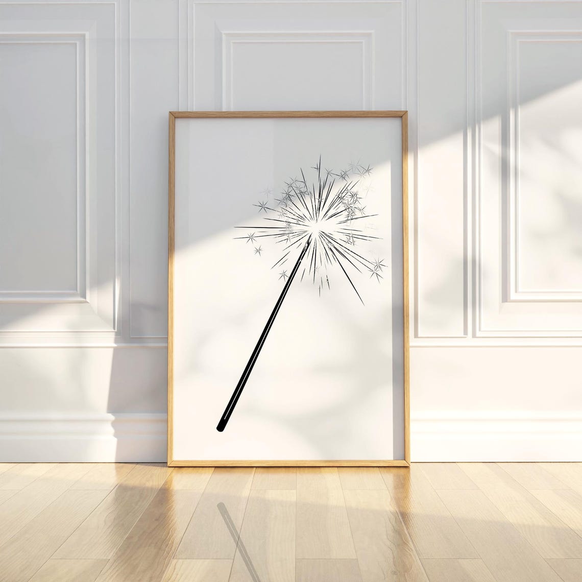 Minimalist Black Sparkler Fireworks Line Drawing Monochrome Print