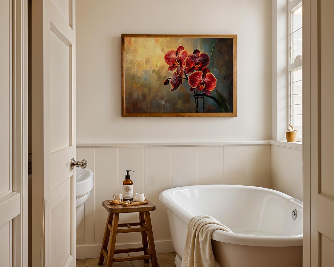 Red Orchid Blooms Golden Dark Background Elegant Floral Art Poster - Image 2