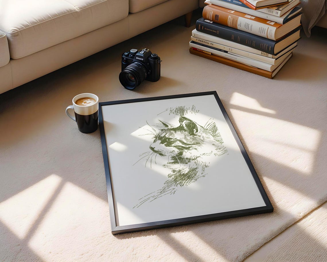 Cat Head Green Ink Sketch Feline Line Drawing Portrait Poster - Image 6