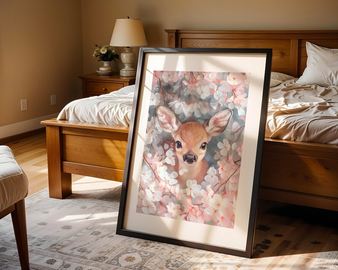 Adorable Cute Baby Deer Wall Art Print Nursery Animal Decor Kawaii Pastel Floral Gift For Kids Playroom Room Girl - Image 4