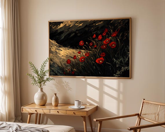 Moody Red Poppies On Dark Field Wall Art Dramatic Floral Poster For Living Room Office Bedroom Decor
