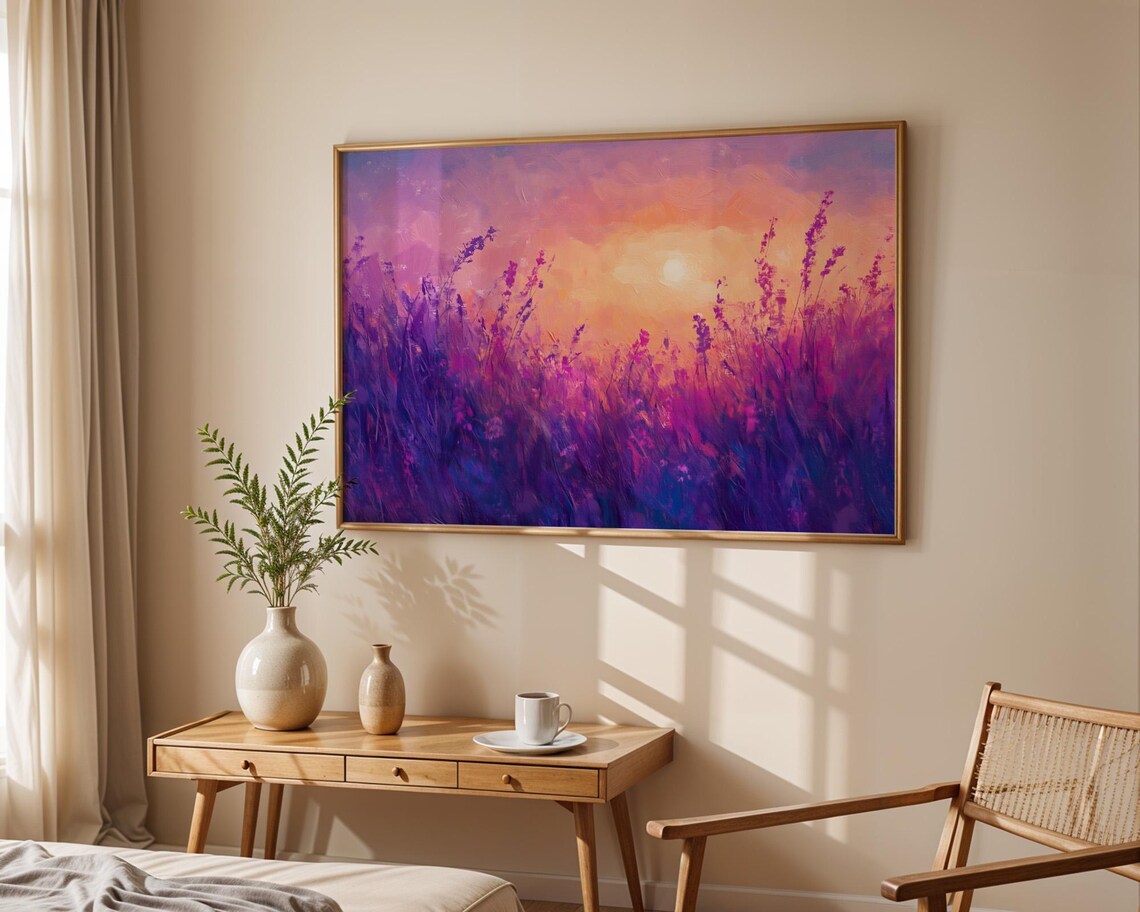 Purple Meadow Grass Sunset Peach Sky Glowing Abstract Art Poster - Image 5
