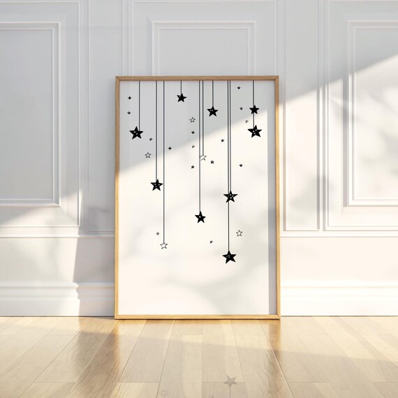 Hanging Stars Mobile Black and White Minimal Cute Nursery Poster