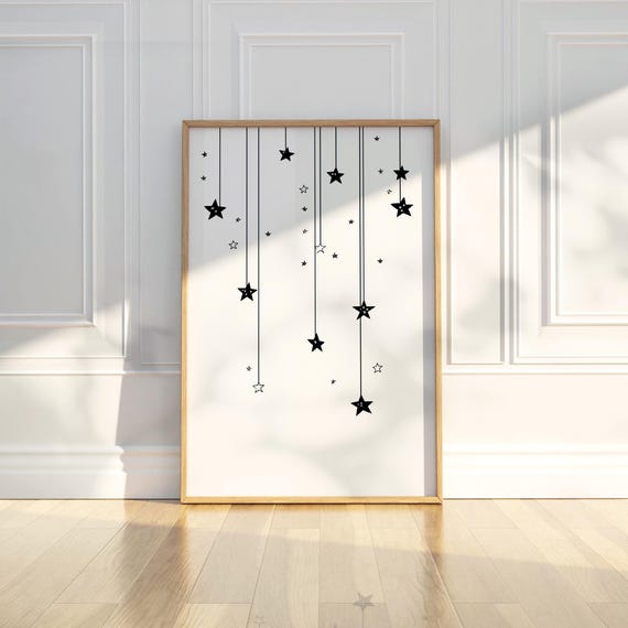 Minimalist Hanging Stars Line Art Sketch Wall Print Black White Celestial Space Modern Contemporary Home Decor Nursery Kids Room Dreamy Gift