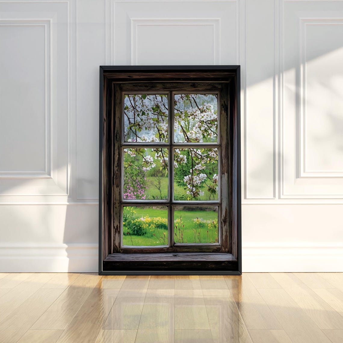 Rustic Window Spring Blossom Garden View Charming Vintage Wall Art