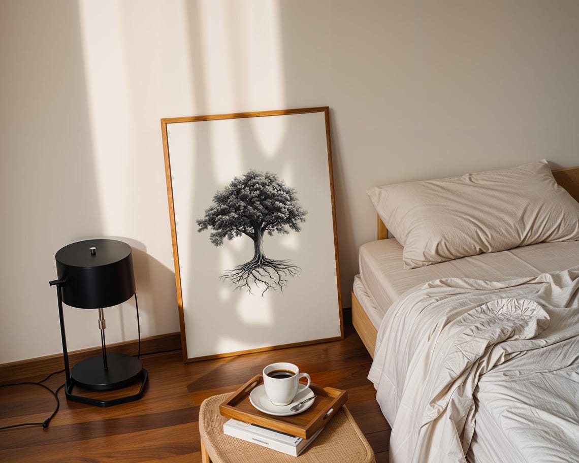 Black and White Tree of Life with Exposed Roots Ink Drawing Poster - Image 2