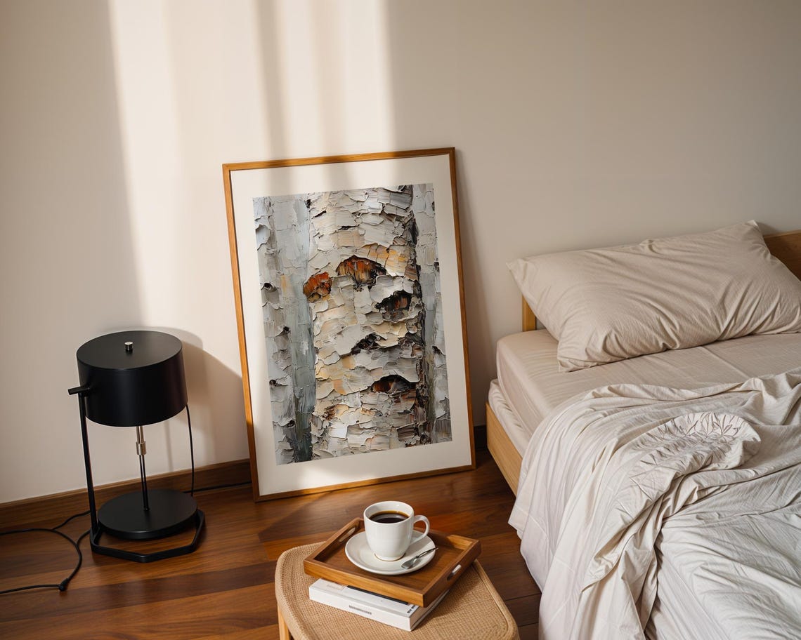White Birch Bark Abstract Textured Impasto Modern Oil Painting Poster - Image 2