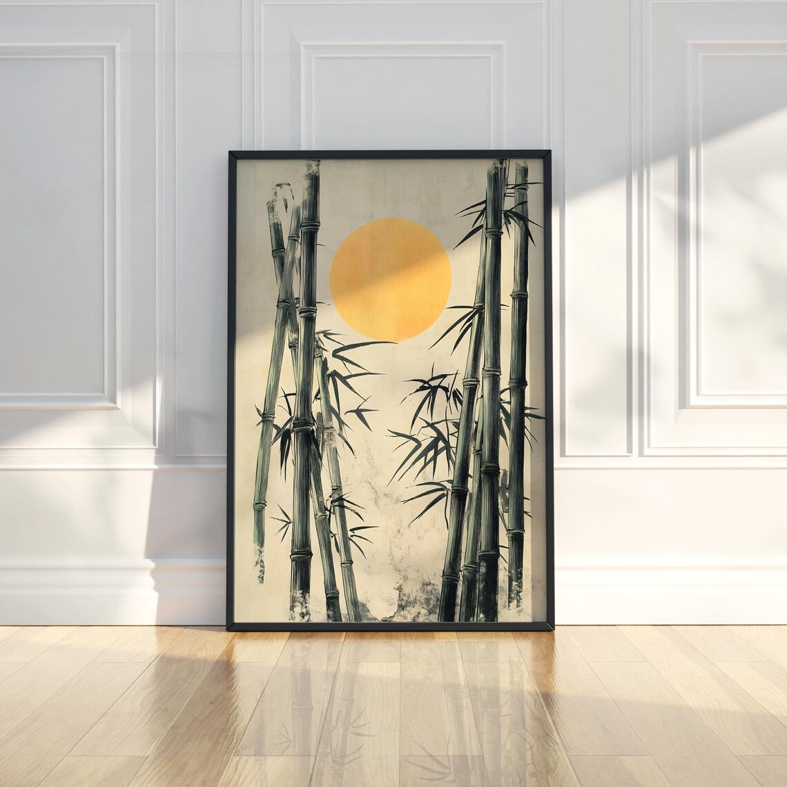 Serene Bamboo Forest Golden Sun Japanese Ink Wash Painting Poster