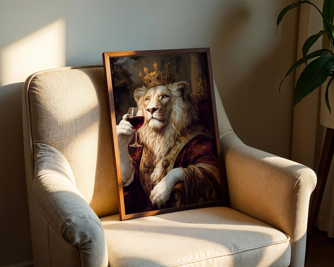White Lion King Crown Wine Glass Regal Royal Animal Art Poster - Image 2