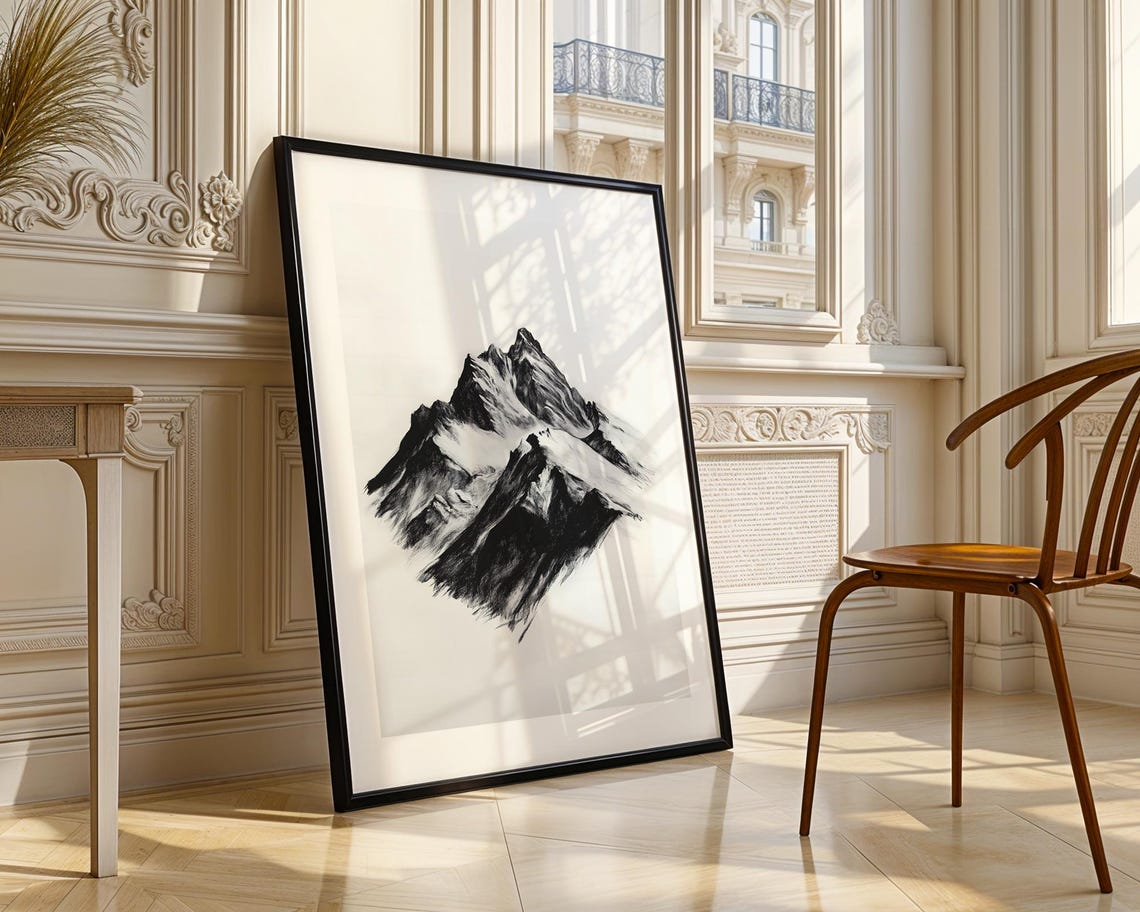 Snowy Mountain Peak Black Charcoal Sketch Minimalist Nature Poster - Image 4