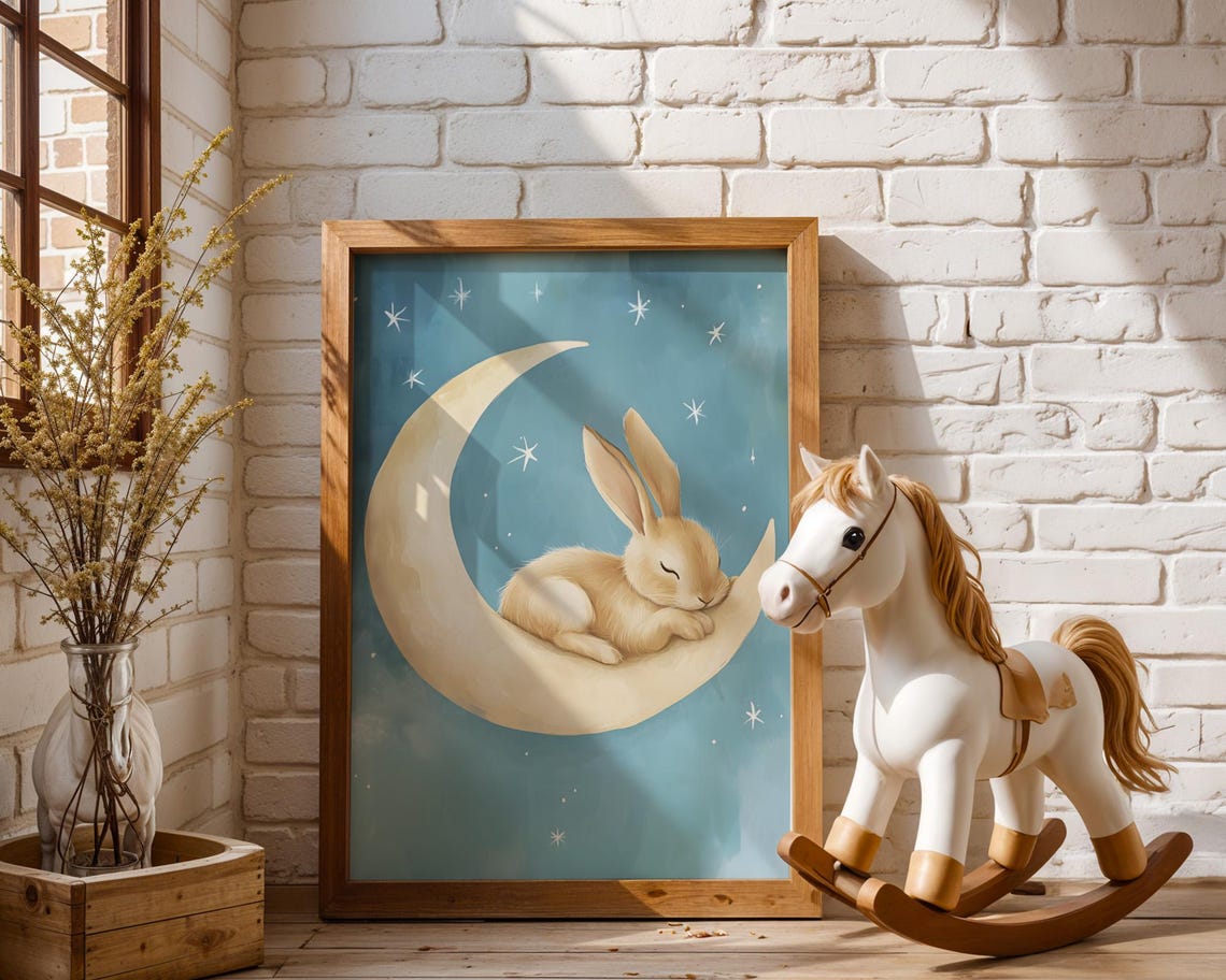 Sweet Sleeping Bunny Curled on Crescent Moon Starry Night Poster - Image 2