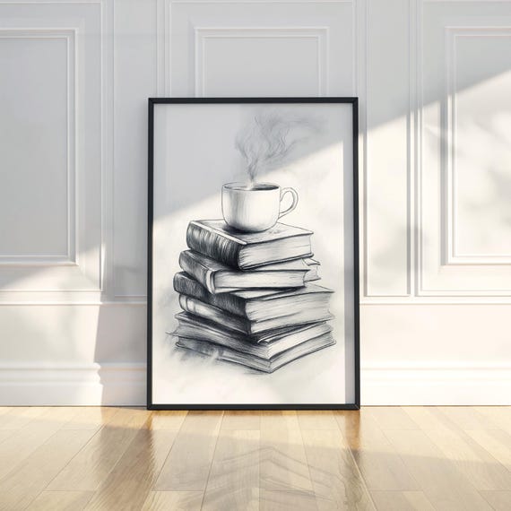 Stack Of Books And Coffee Pencil Sketch Drawing Wall Art Print Academic Library Office Study Black White Modern Home Decor Gift For Reader