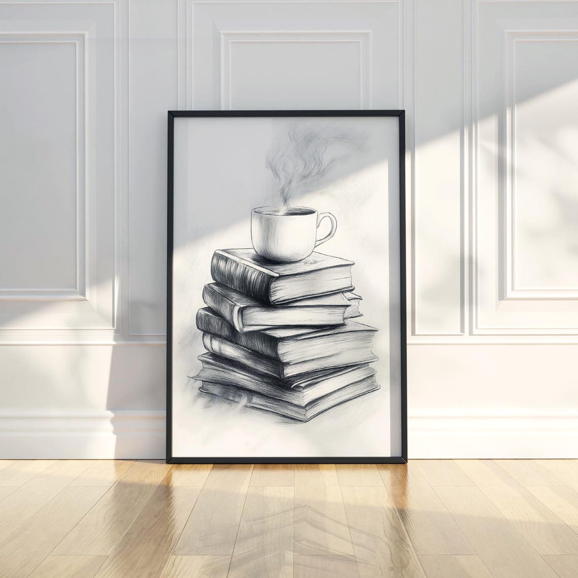 Stack of Books with Steaming Coffee Cup Pencil Sketch Poster