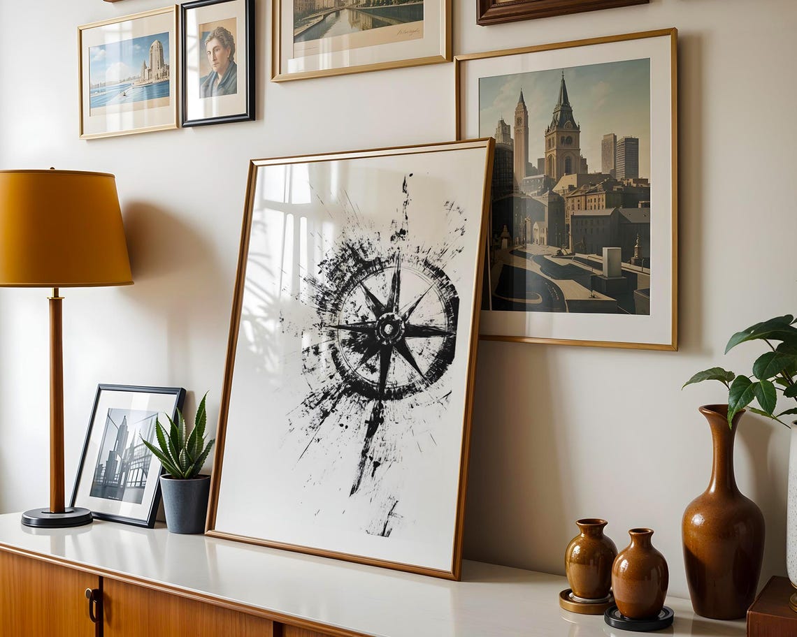 Abstract Black Compass Rose Ink Splatter Nautical Art Poster - Image 6
