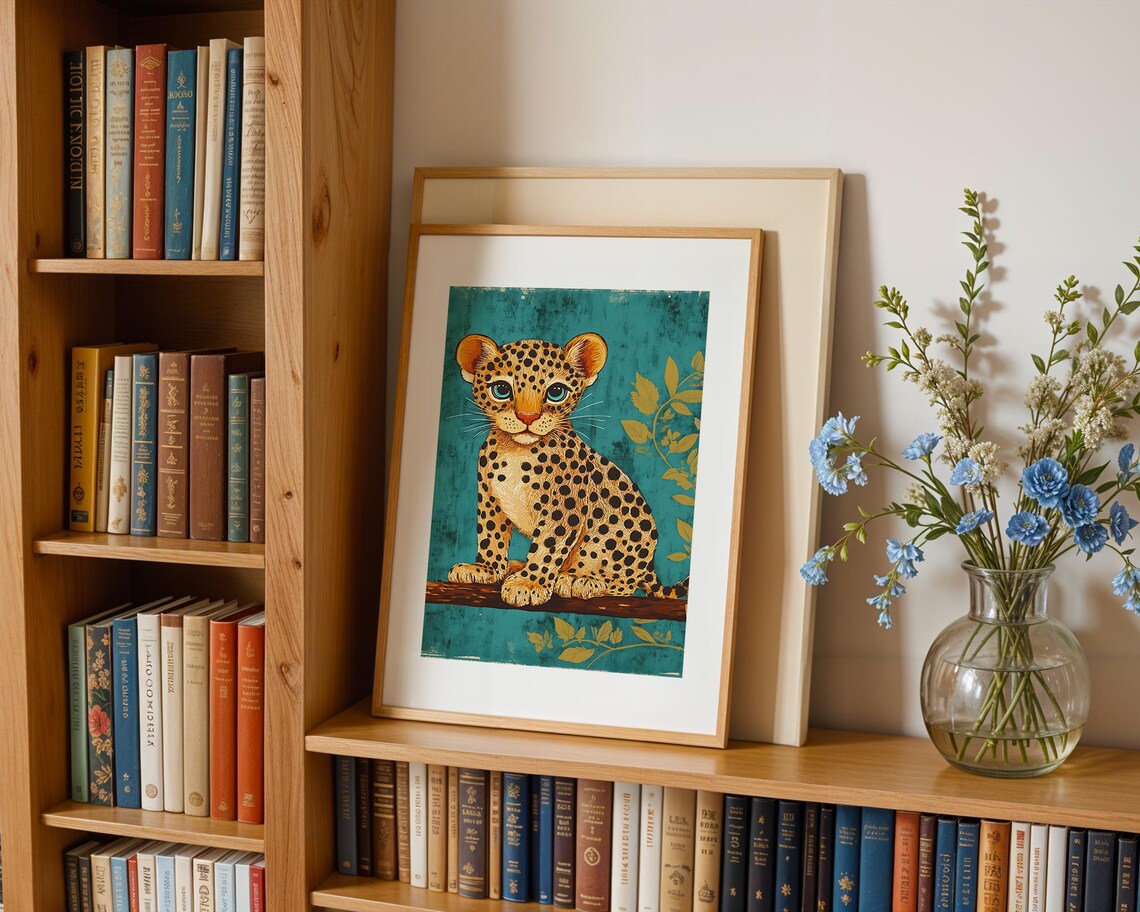 Cute Cheetah Cub With Big Blue Eyes Teal Gold Kids Art Poster - Image 3