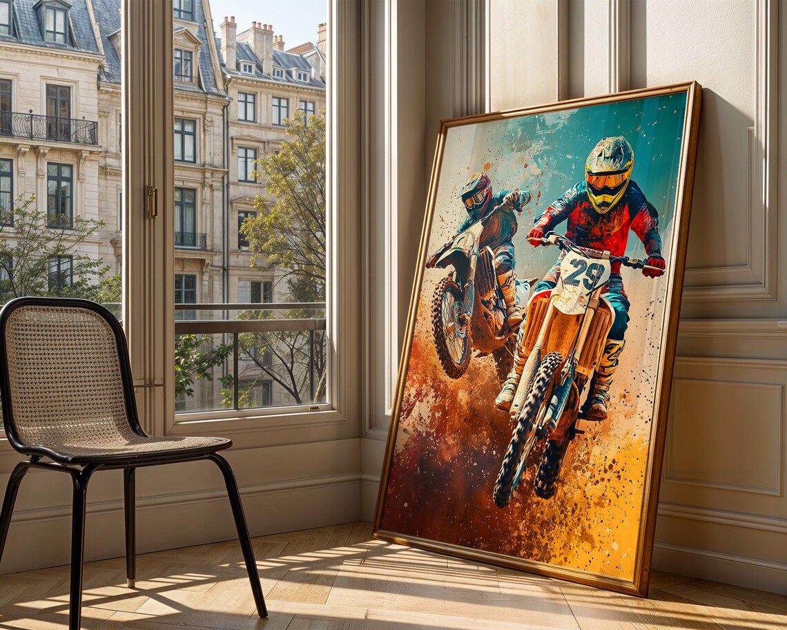 Two Motocross Riders Racing Dirt Bikes Watercolor Sports Print - Image 3