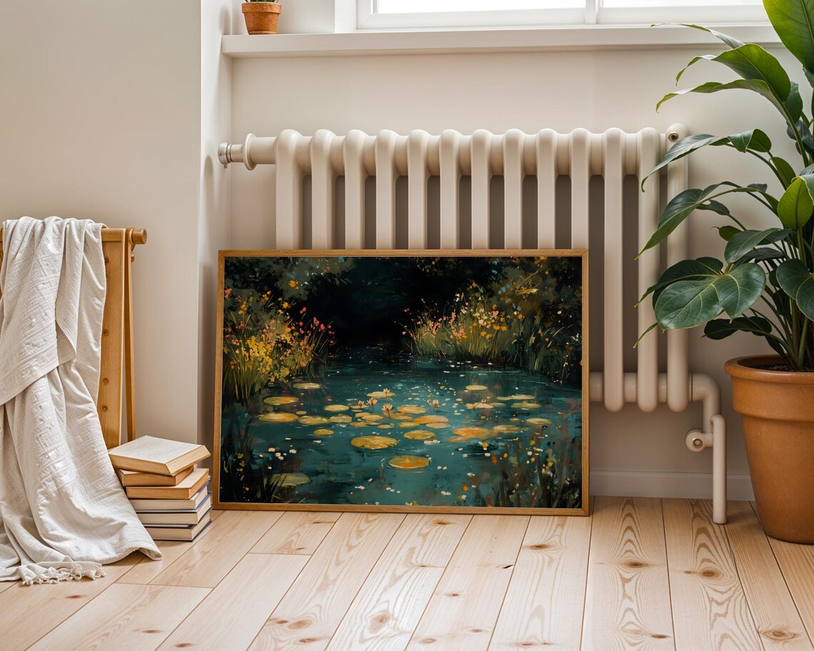 Dark Pond Water Lilies Impressionist Night Garden Floral Wall Art - Image 6