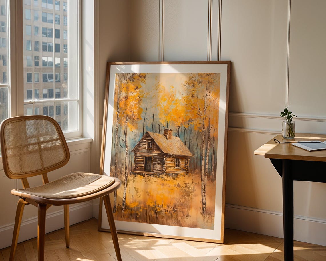 Autumn Log Cabin In Golden Forest Rustic Landscape Painting Poster - Image 3
