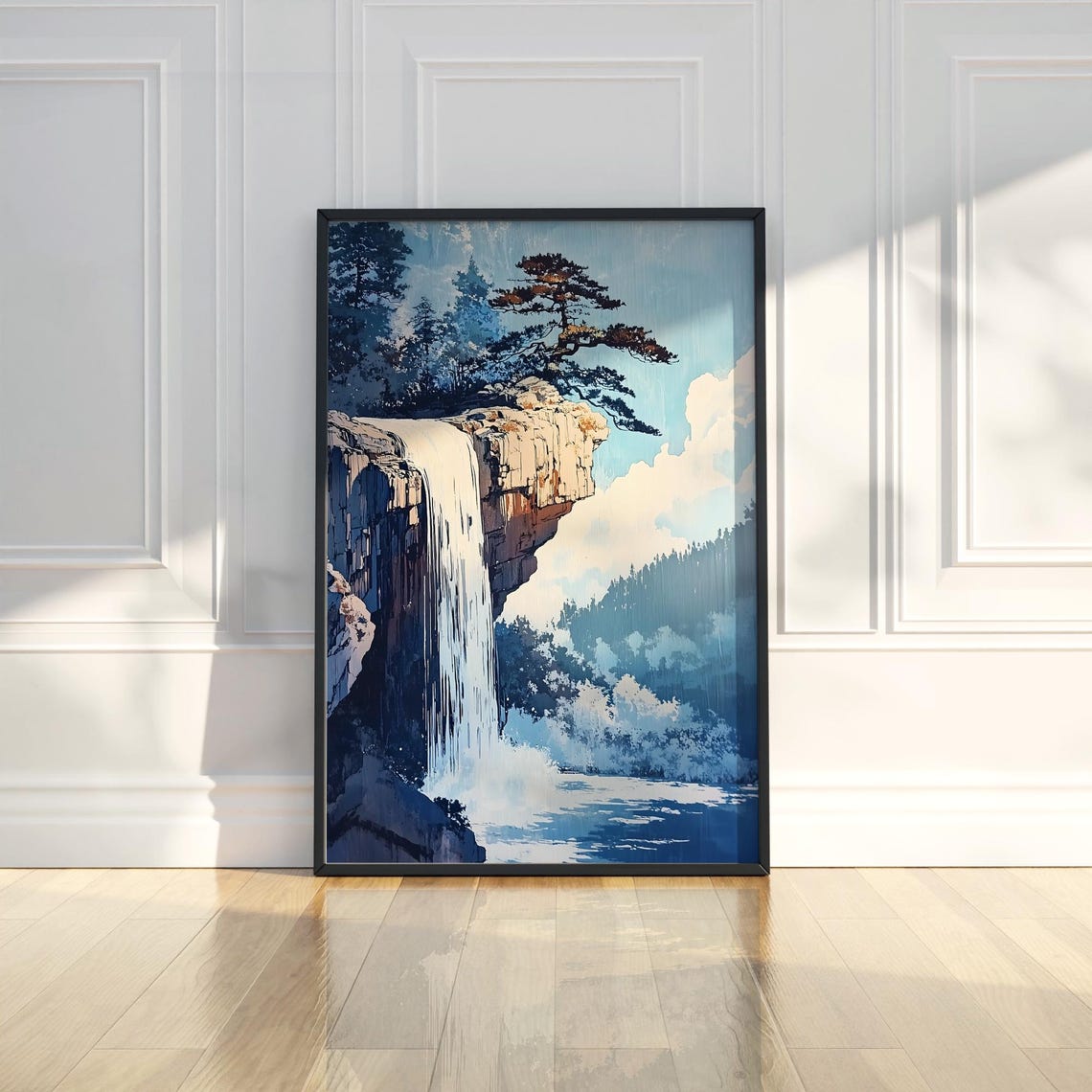 Dramatic Waterfall Wall Art Print Rocky Cliff Landscape Nature Modern Home Room Decor Forest Fine Gift
