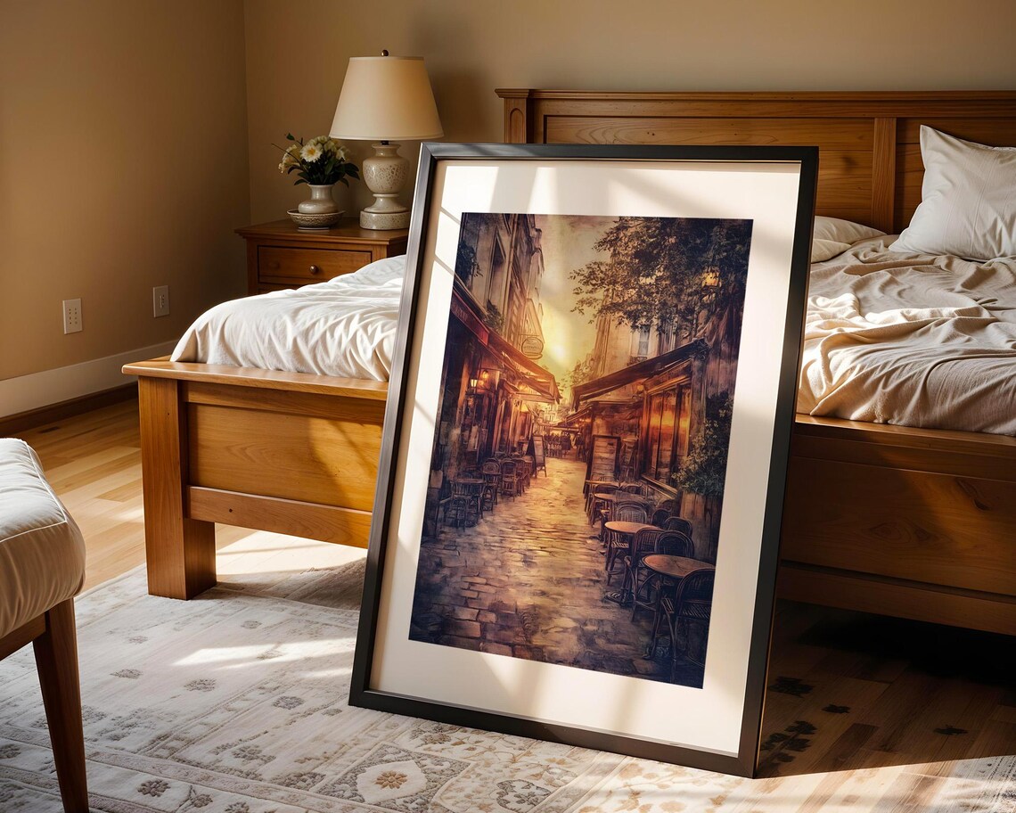 Romantic Vintage European Street Cafe Sunset Alley Scene Poster - Image 4