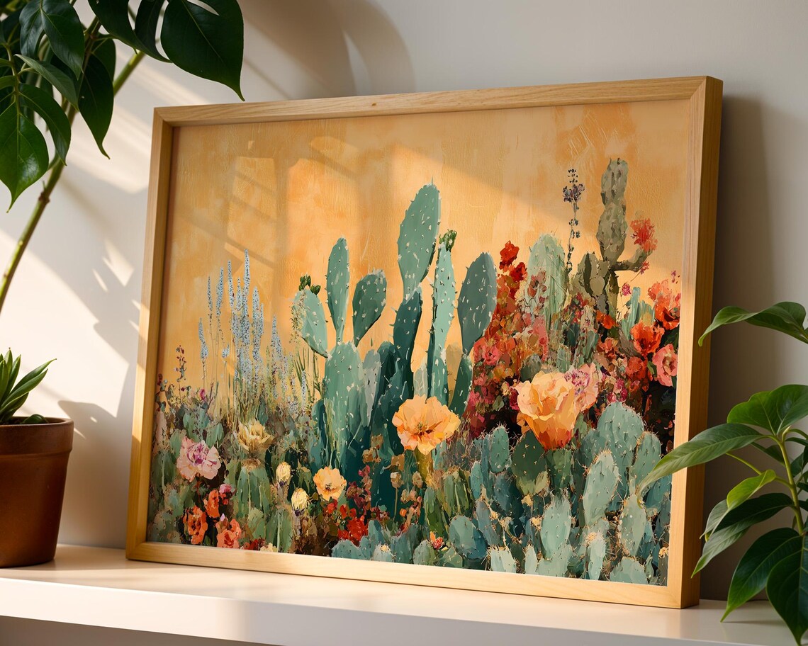 Teal Cactus Garden Gold Background Botanical Desert Floral Poster - Image 4
