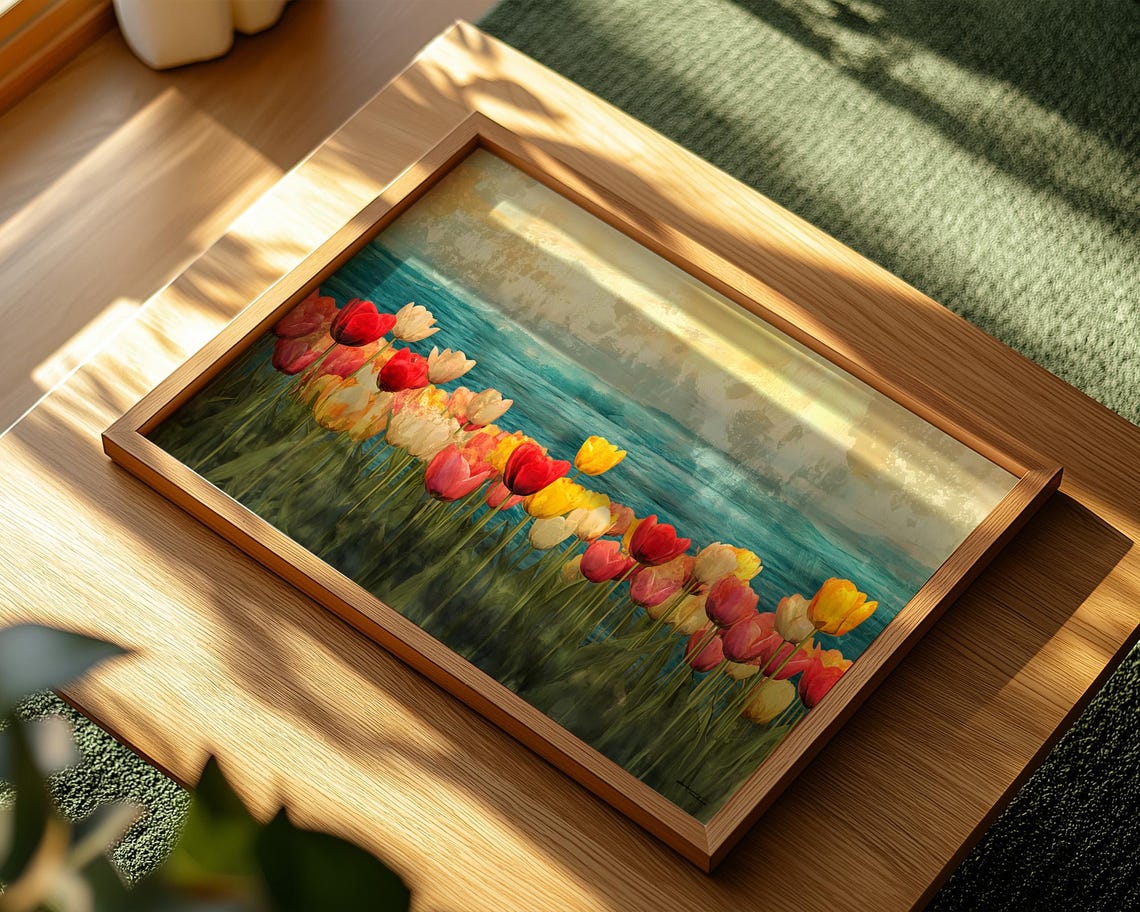 Colorful Tulips Teal Water Impressionist Spring Bloom Landscape Poster - Image 2