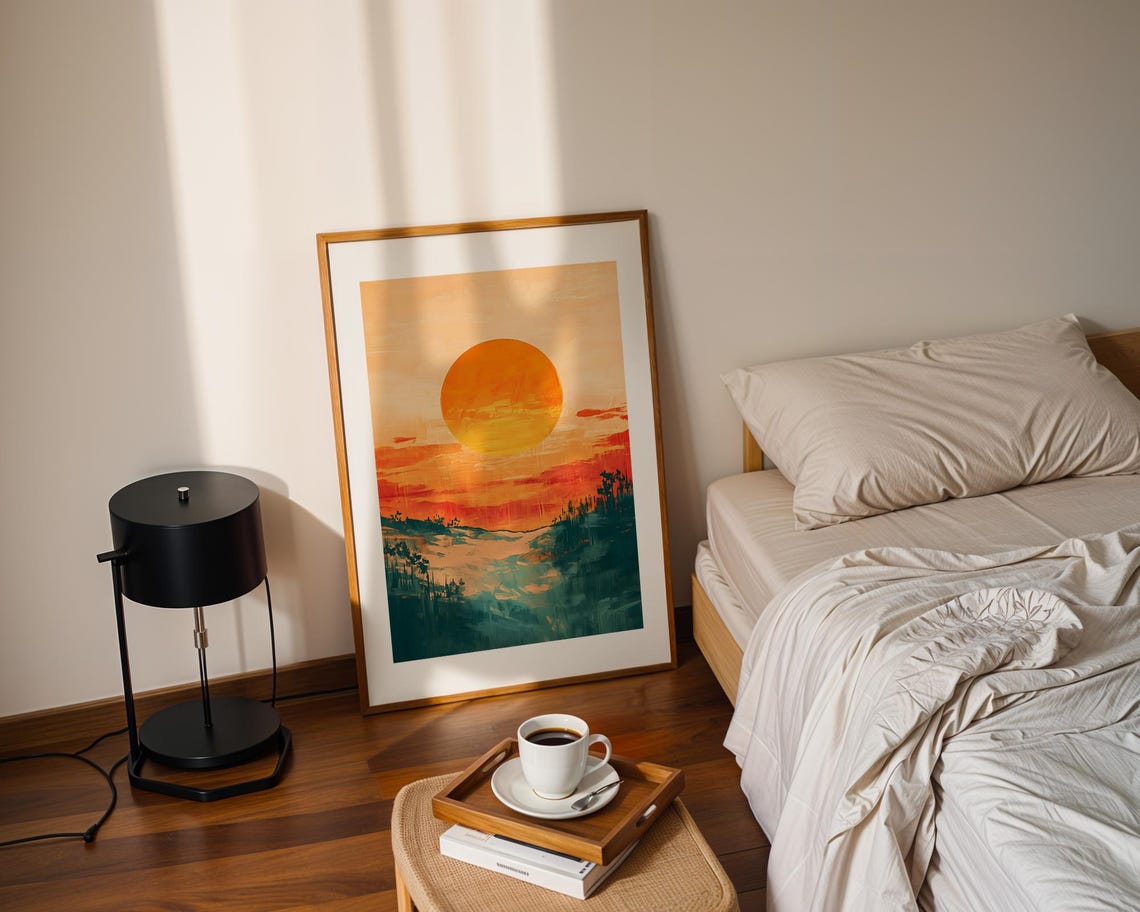Giant Orange Sun Setting Over Abstract Teal Landscape Sunset Poster - Image 2