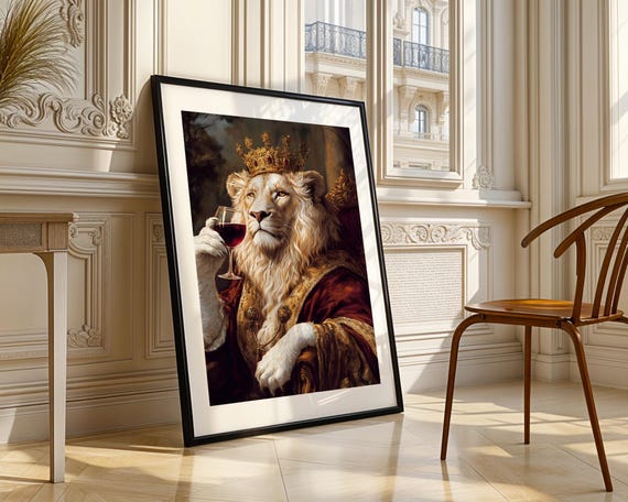 Royal Lion Portrait Holding Wine Glass Oil Painting Trendy Wall Art Modern Prints Room Decor Home Bar Print