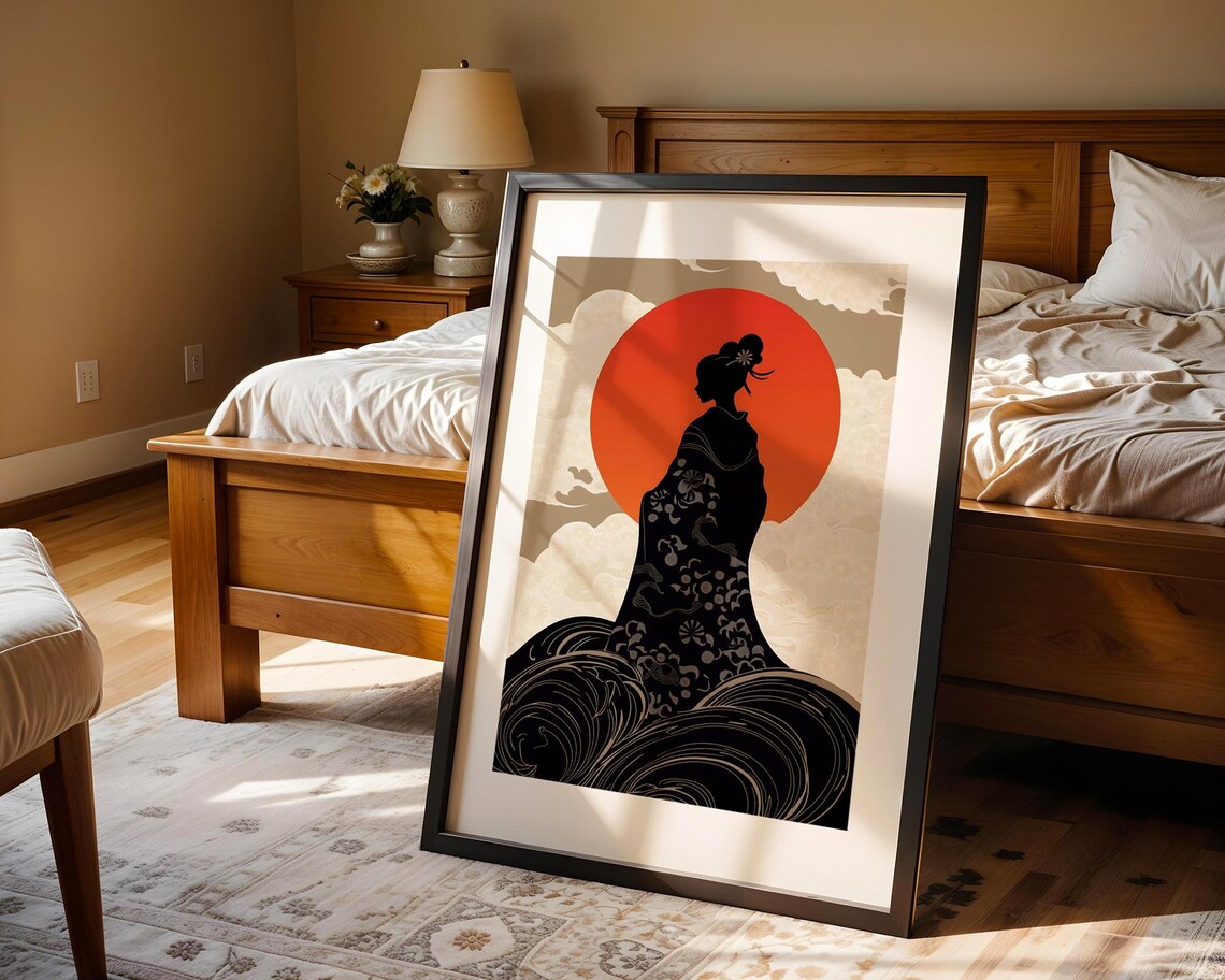 Japanese Kimono Woman Silhouette Bold Red Sun Woodblock Art Poster - Image 4
