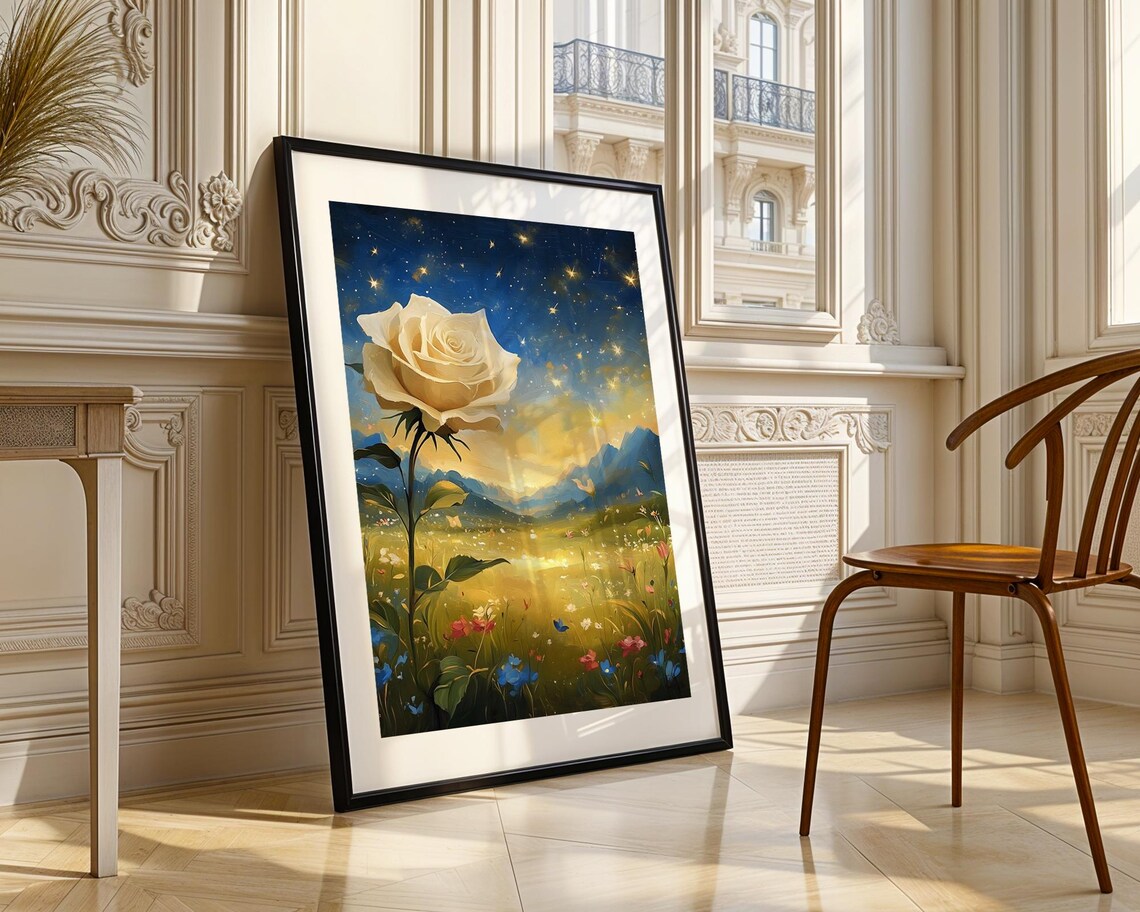White Rose Starry Night Sky Wildflower Field Mountain Oil Painting Poster - Image 3
