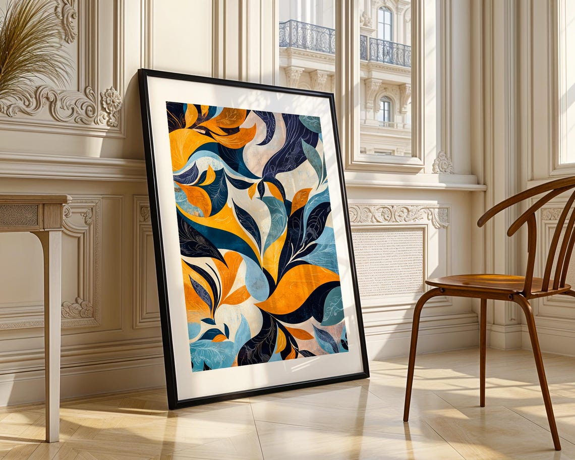 Navy Gold Floral Abstract Pattern Elegant Botanical Art Print - Image 3