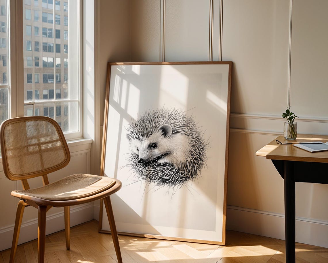 Charming Hedgehog Pencil Sketch Wall Art Monochrome Wildlife Poster For Nursery Living Room Office Study Decor - Image 3