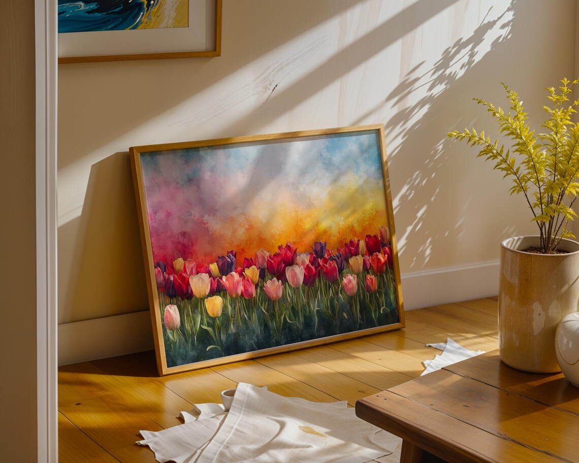 Colorful Tulip Field Rows Fiery Sunset Sky Watercolor Art Poster - Image 3