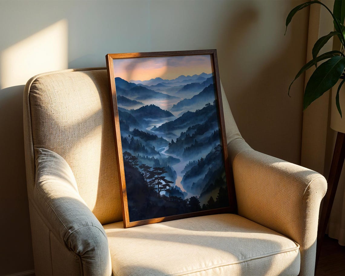Misty Blue Mountain Valley Sunset River Landscape Nature Poster - Image 2